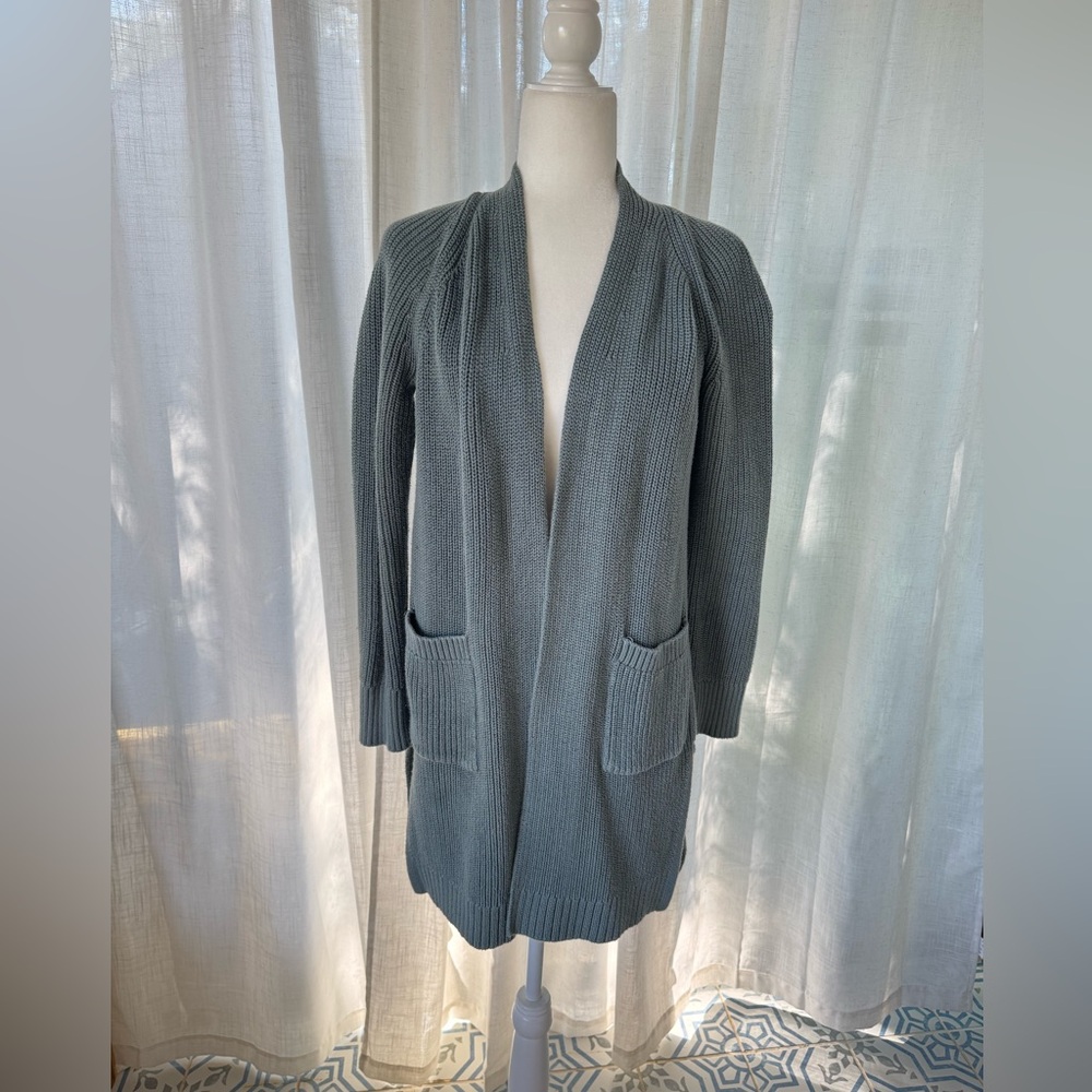 Lou & Grey Sage Green Open-Front Cotton Knit Cardigan Sweater – XS - Picture 2 of 9